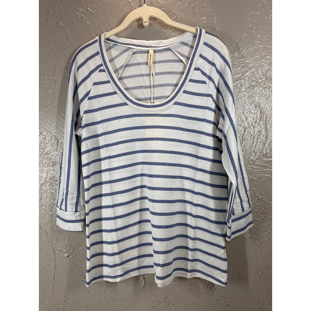 Lanston Shirt Top Blue Striped 3/4 Sleeve Scoop Neck Cotton Rayon Blend Small